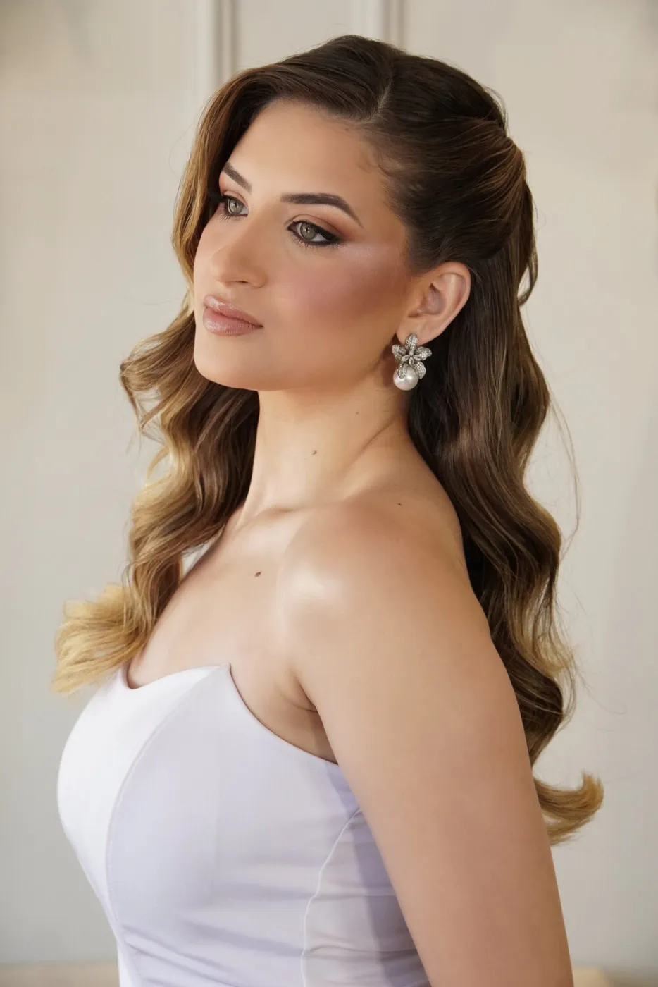 Perfil olhando por cima do ombro, vestido tomara que caia branco